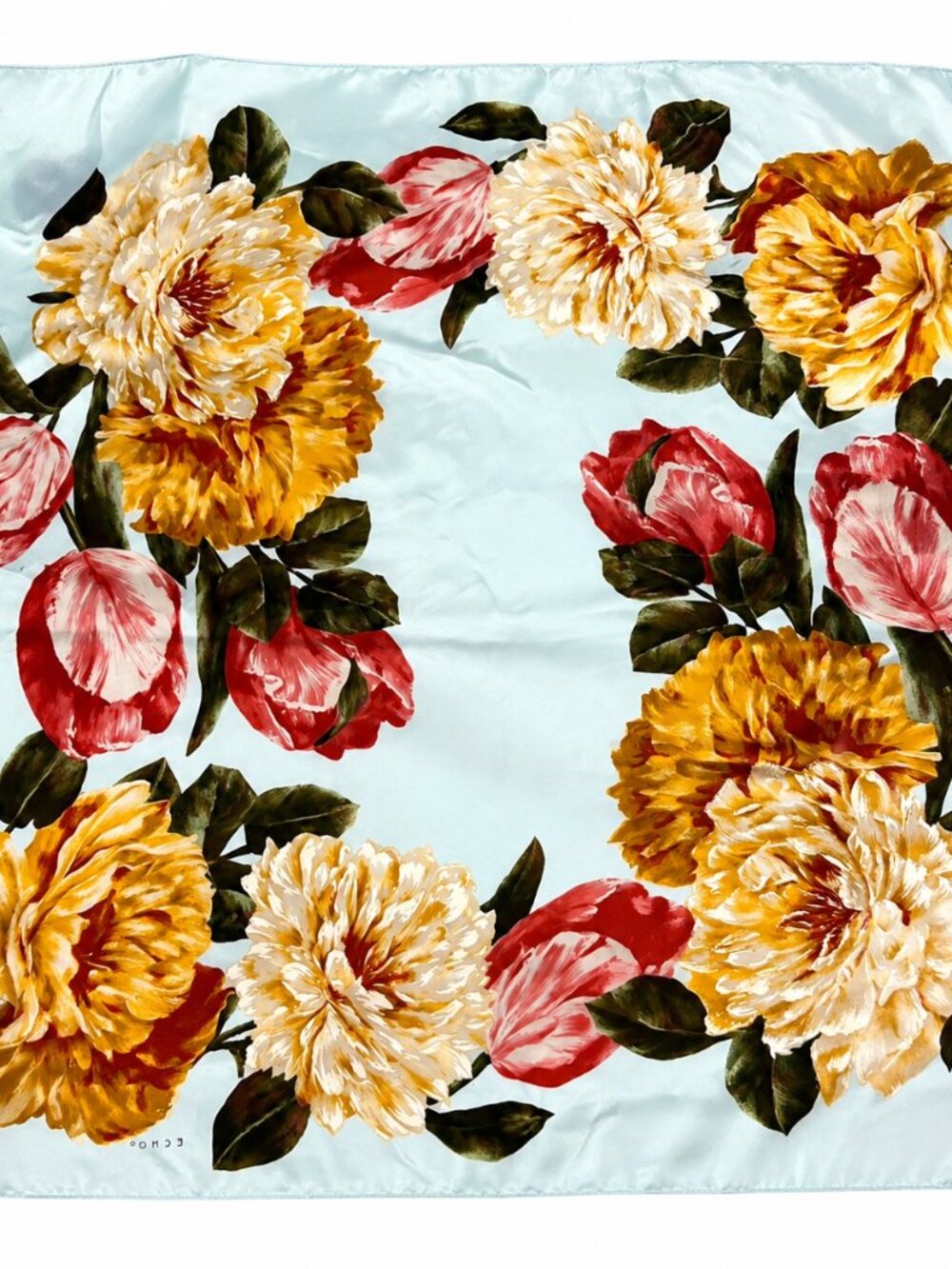 ECHO Floral Satin Scarf – Aqua Blue with Yellow & Red Botanical Print | Square F